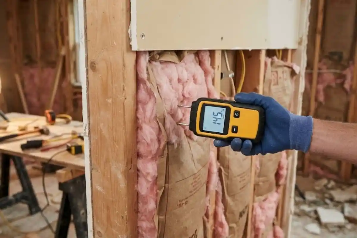 Moisture meter reading on an open wall cavity