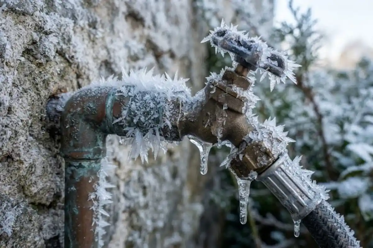 Frozen exterior pipe in winter