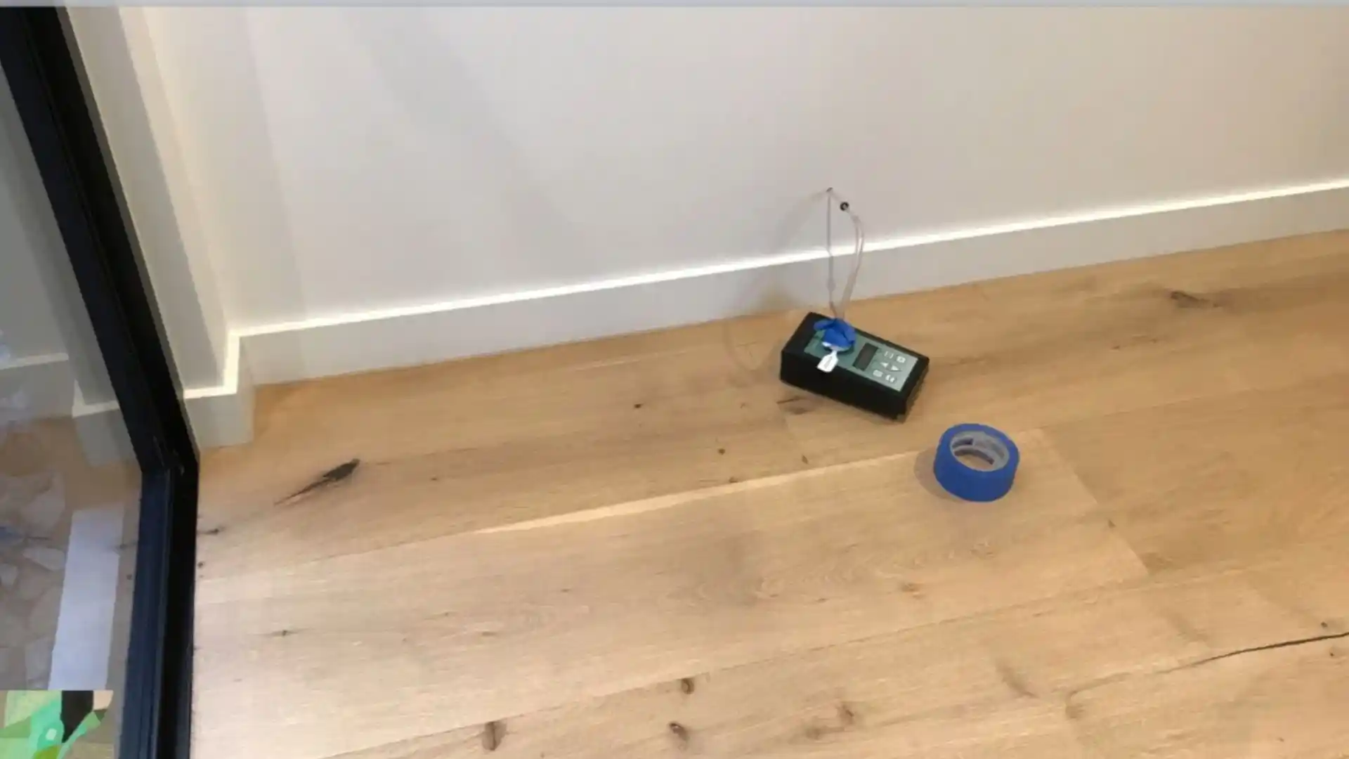 Mold air sampling equipment in a residential room in Montgomery Village, MD